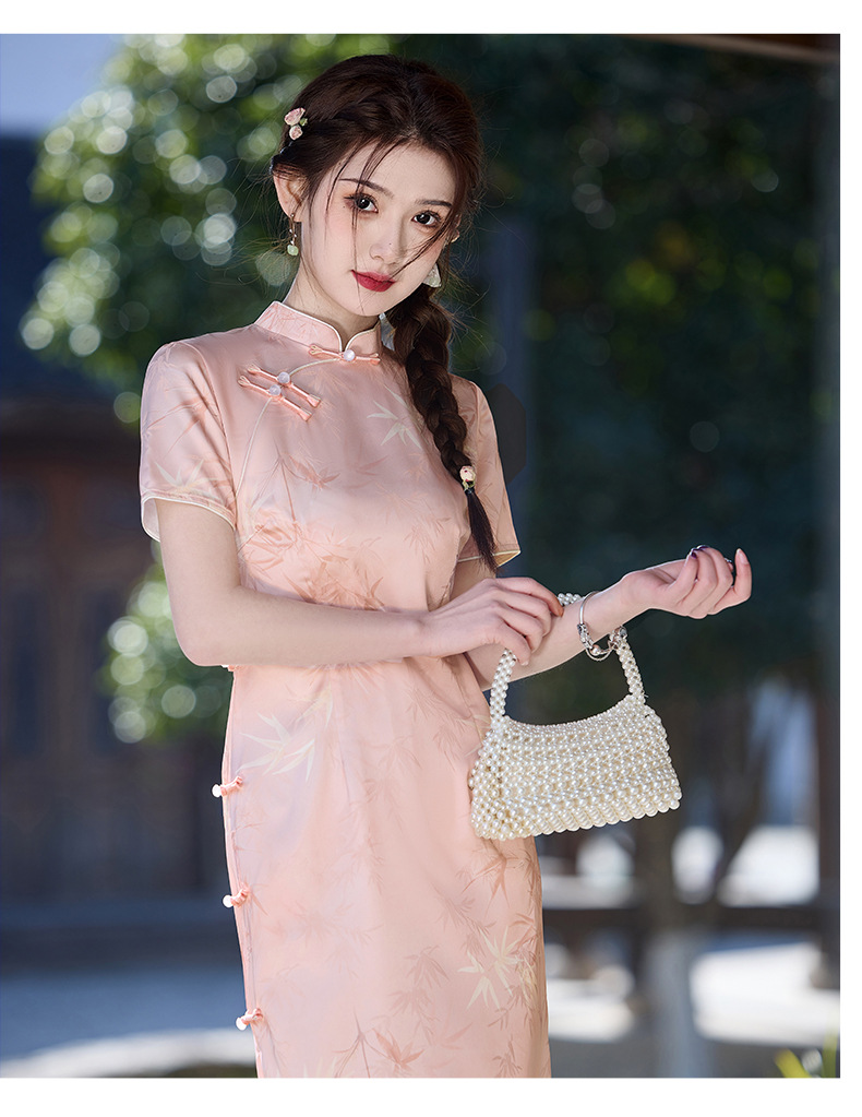 国潮粉色竹叶淑女旗袍2025年春季新款双层改良提花日常年轻详情14