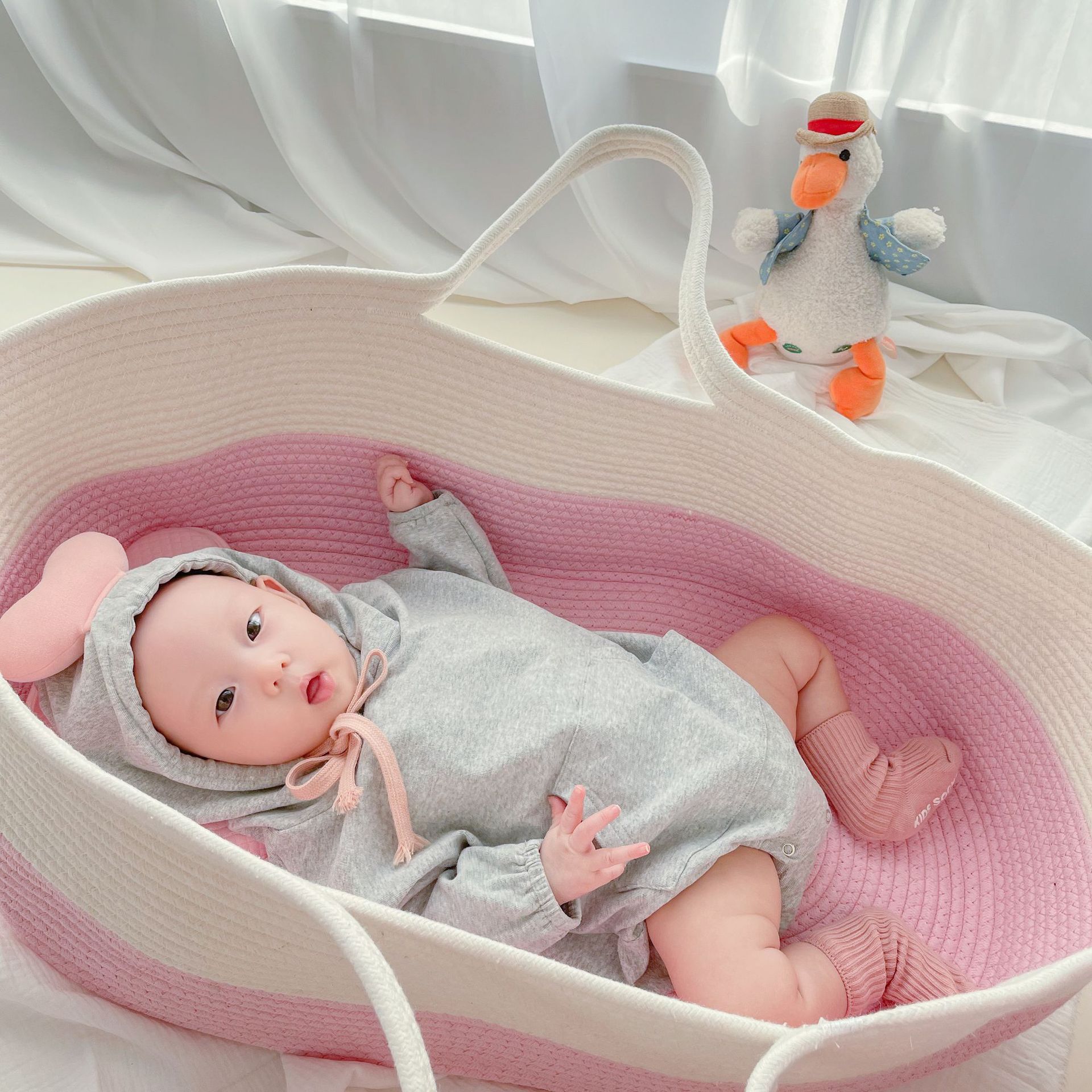 Portable pure cotton woven baby sleeping basket, portable baby crib for going out pic 37