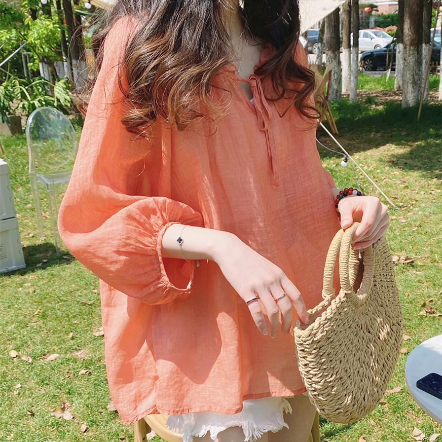 娃娃衫大码衬衫韩版棉麻上衣女式夏款宽松透气七分袖防晒小衫T恤详情2