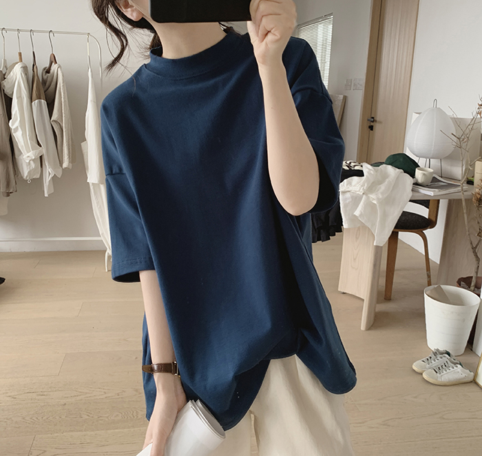琪镌绘制半高领t恤女式春夏季新款宽松显瘦韩版简约半袖减龄棉质详情12