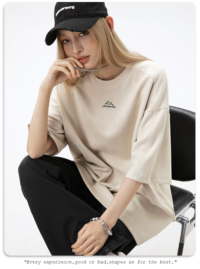 韩路男装 麂皮绒美式圆领T恤男女款夏季宽松质感刺绣潮牌短袖体恤详情12