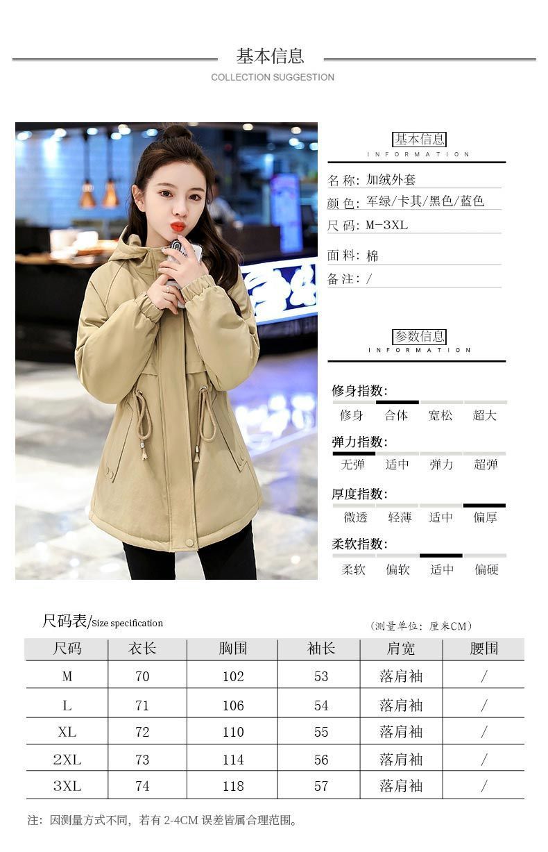 加绒加厚中长款风衣女2022新款韩版百搭小个子宽松连帽棉服外套女详情12