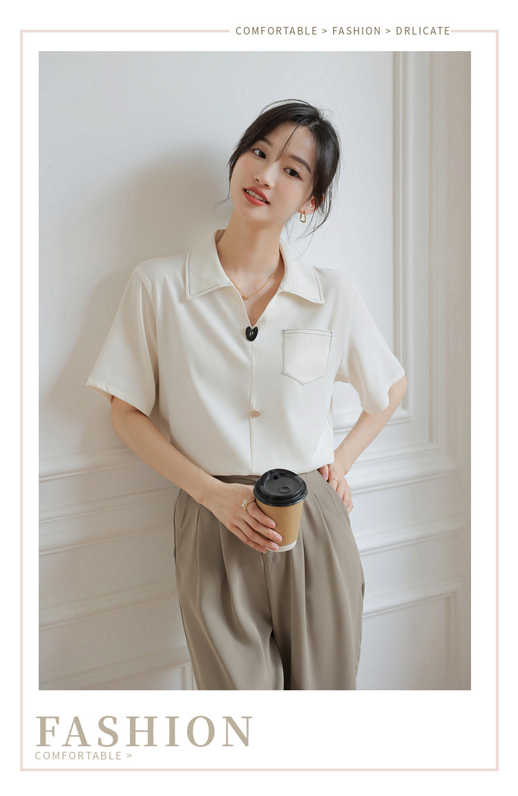 法式v领雪纺短袖衬衫夏季上衣设计感小众女式休闲风通勤气质衬衣详情1