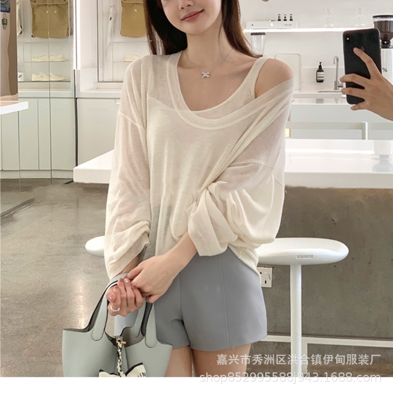 A two-piece set of woolen sun protection long-sleeved knitted top and vest for women in Spring/Summer 2024, featuring a thin, loose and casual cardigan T-shirt pic 5