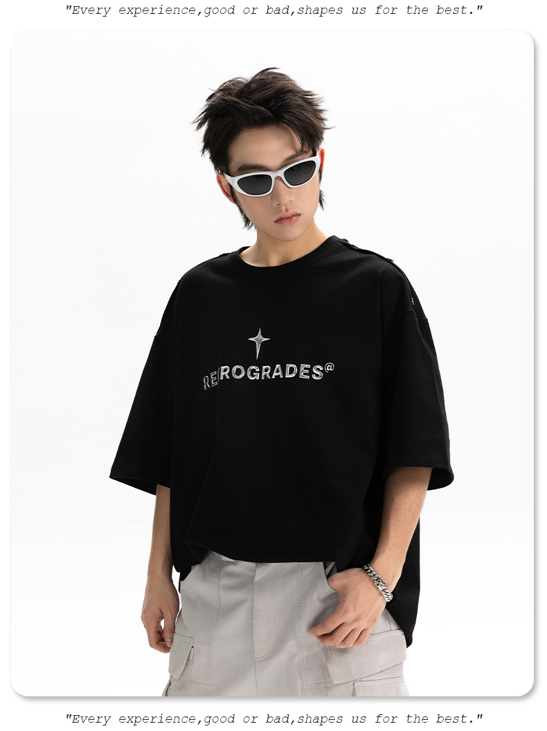 Shoulder four-button design T-shirt for men, loose American streetwear brand, metallic texture printed high street short-sleeved T-shirt, summer q pic 11