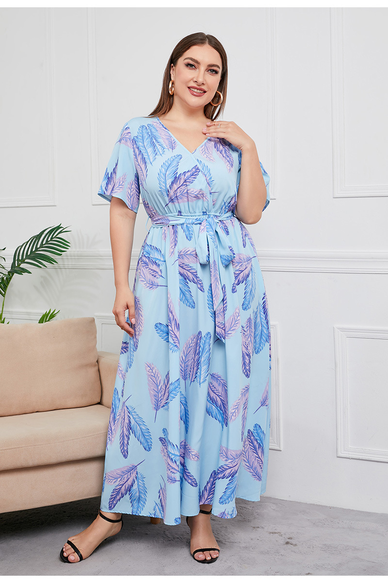 2024 Cross-border new French-style elegant plus-size dress with a V-neck, short sleeve and cinched waist, featuring a simple floral design pic 36