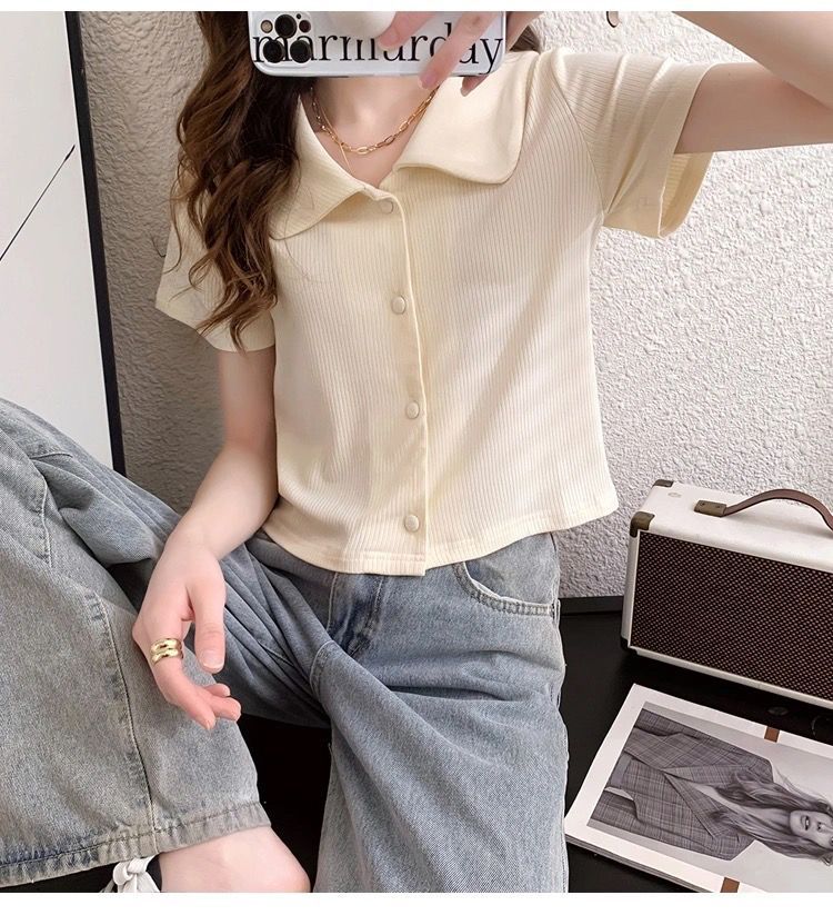 冰丝短袖上衣女2024春夏季新款韩版洋气小清新翻领百搭短款T恤开详情8