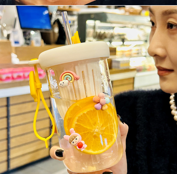 夏季新款高硼硅玻璃杯茶水分离柠檬杯可爱风水杯女生便携吸管杯子详情9