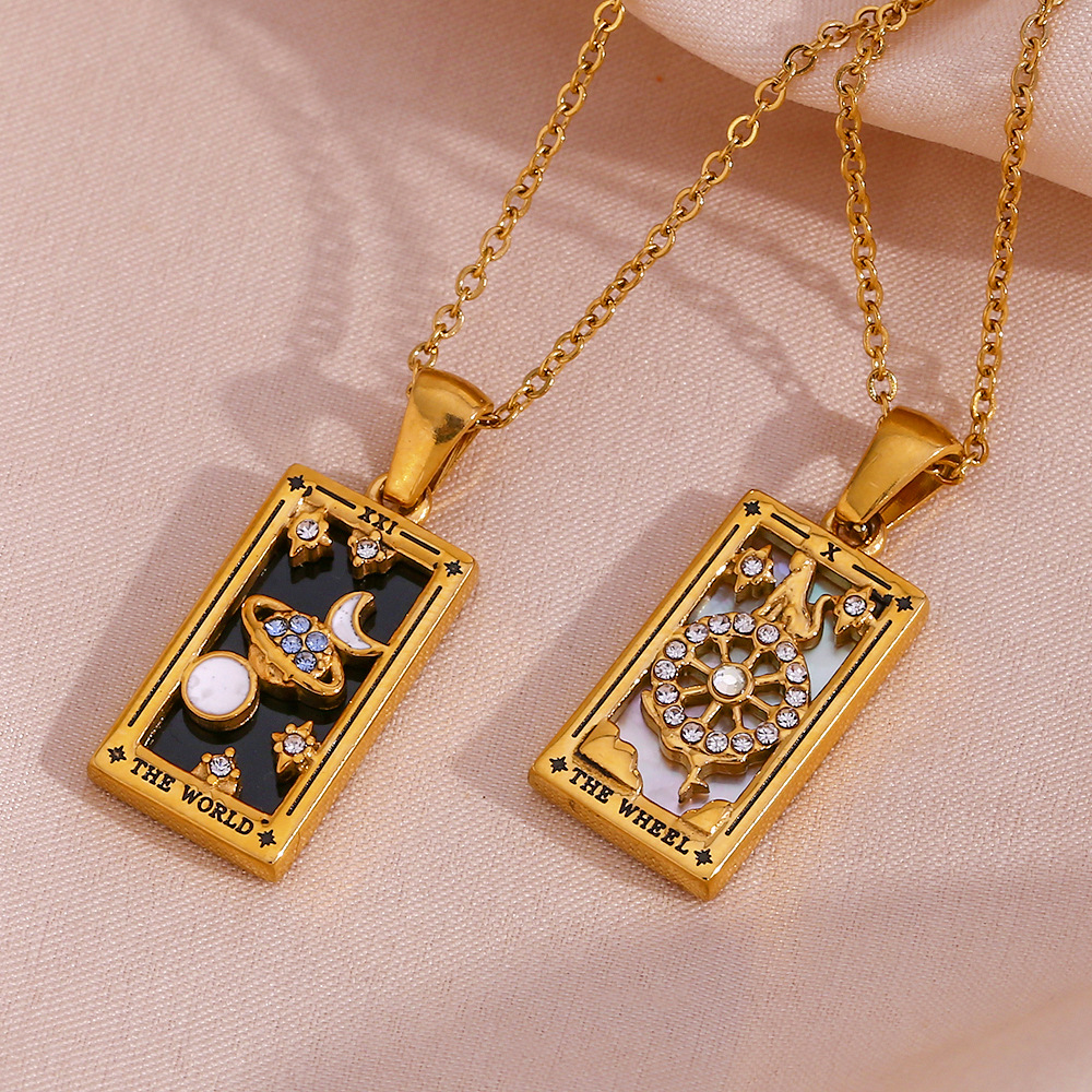 Stainless steel rectangular oil-dripping zircon tarot card necklace, a popular and retro pendant accessory on Instagram in Europe and America pic 14
