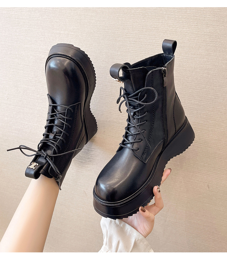 头层牛皮马丁靴女英伦风侧拉链真皮圆头厚底短靴一件代发黑色皮靴详情14