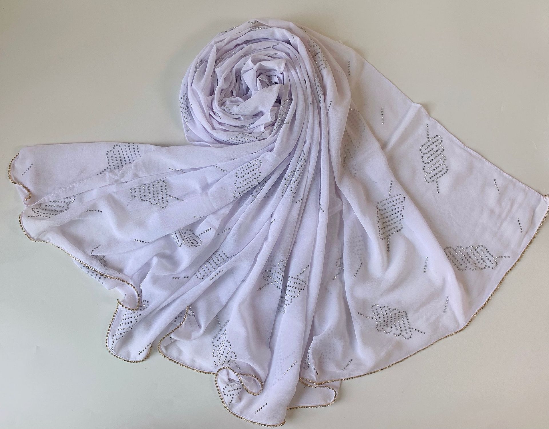 花边烫钻纯色雪纺盖头纱巾珍珠穆斯林女长巾新款详情10