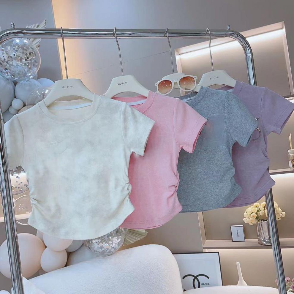 儿童短袖女2024新爆款洋气T恤空白简约百搭时尚抽绳上衣包领女童详情1