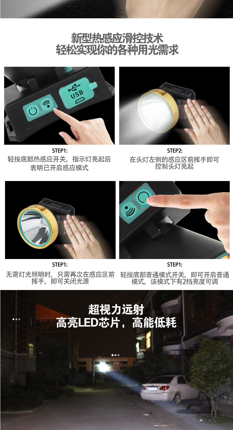 厂家直销 LED强光头灯防水头戴式夜钓钓鱼灯可充电户外 感应头灯 pic 6