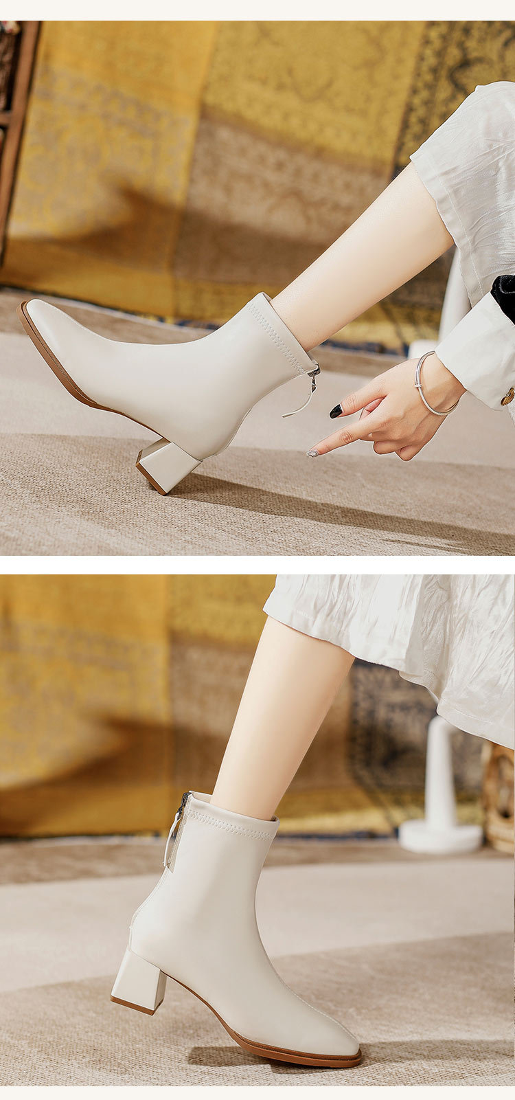 法式高跟短靴2023年新款粗跟时装靴子软皮白色春秋单靴方头瘦瘦靴详情9