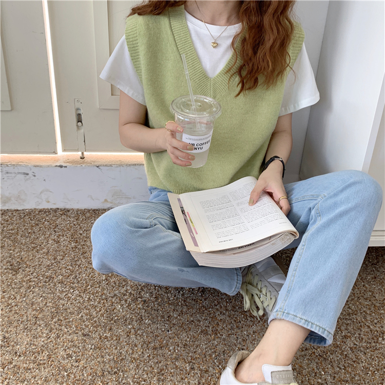 新款春秋女装洋气宽松显瘦V领毛衣外穿鹅黄色针织马甲背心详情10