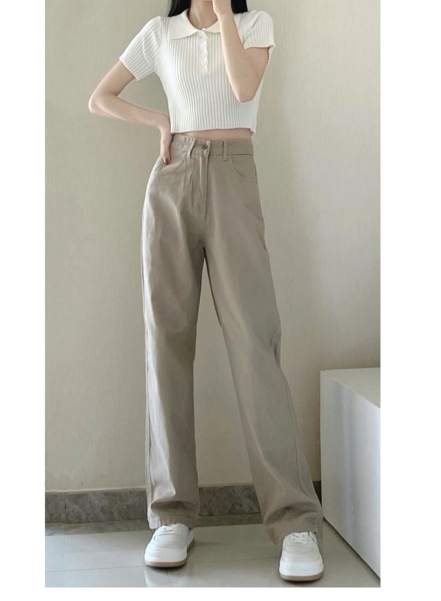 The 2022 Spring/Summer new khaki straight-leg wide-leg jeans make women look slimmer and taller. They are loose, high-waisted, floor-length and paired with long pants pic 15