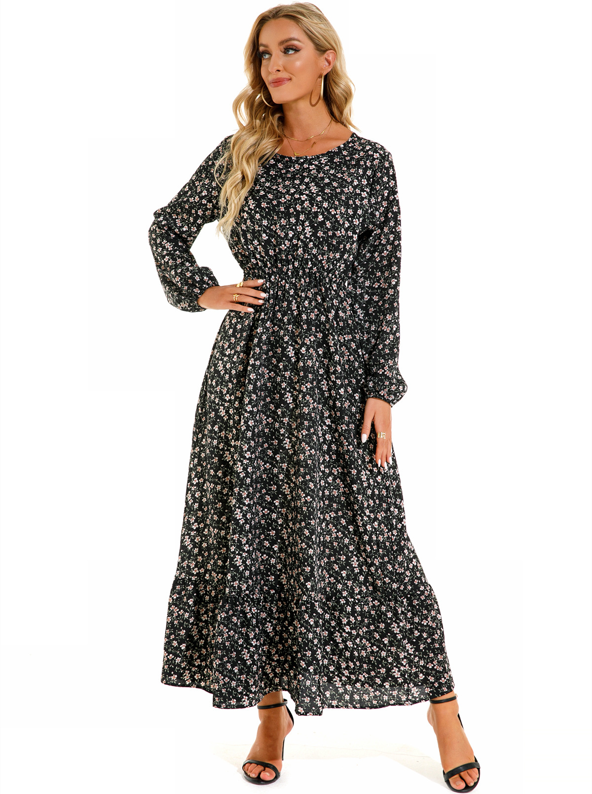 European and American floral long, round-neck, long-sleeved, waist-cinching and slimming dress pic 45
