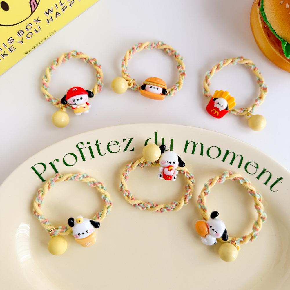 A cute cartoon cream-colored puppy hair tie and a sweet girl with a ponytail at the back of her head pic 6
