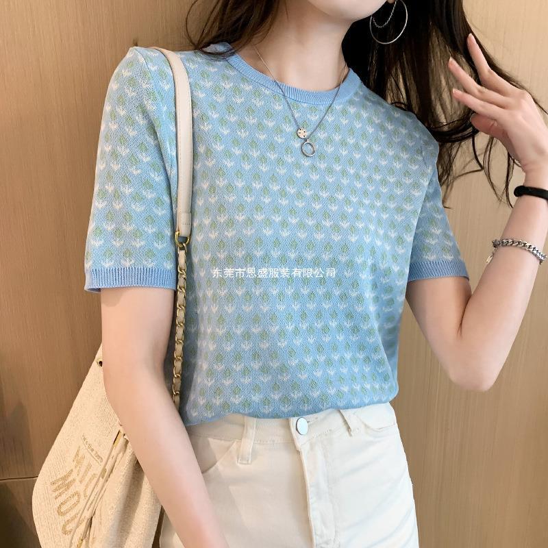 Summer 2024 new sweet ice silk knitted short-sleeved T-shirt, loose, stylish and youthful top, base layer for women pic 4