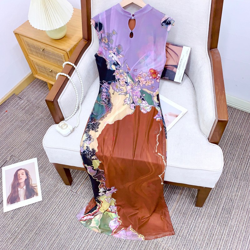 现货OfAki”新中式前后两穿撞色旗袍连衣裙女印花鱼尾背心裙详情24