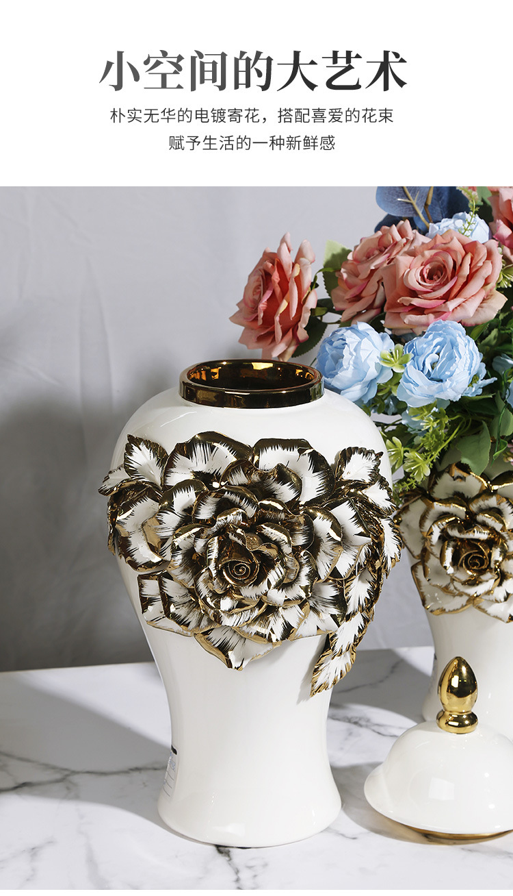 New ceramic electroplated decal golden general jar, European-style flower arrangement vase, handicraft display item, decorative storage jar pic 2
