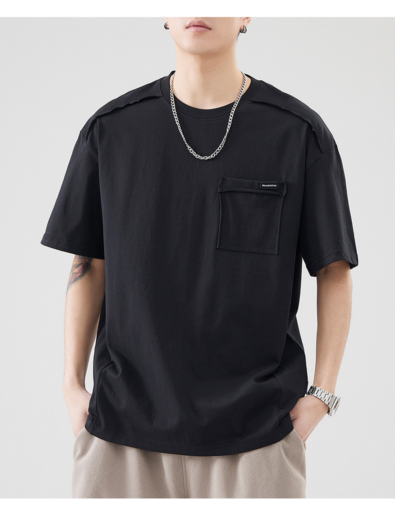 古川男装|日系复古拼接全棉短袖男士宽松大码简约纯色百搭体恤男详情10