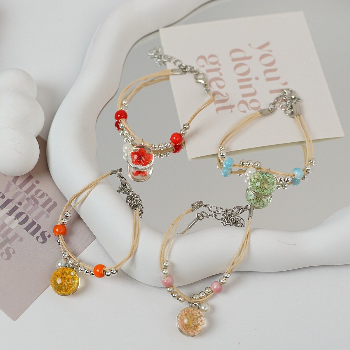Cross-border Korean version popular and simple peach blossom bracelet, female forest style student dried flower accessories, street stall products, factory direct sales pic 3