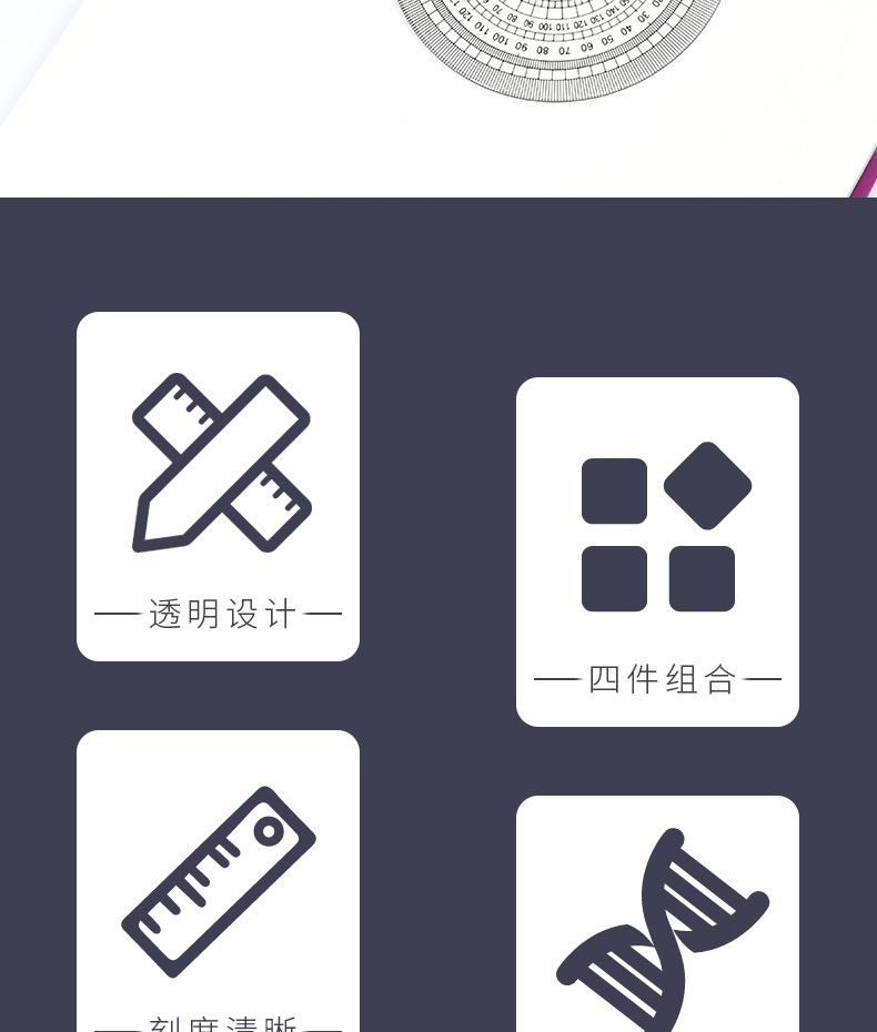 新款卡通套尺4件套简约透明塑料尺子学生考试绘图用品文具批发详情2