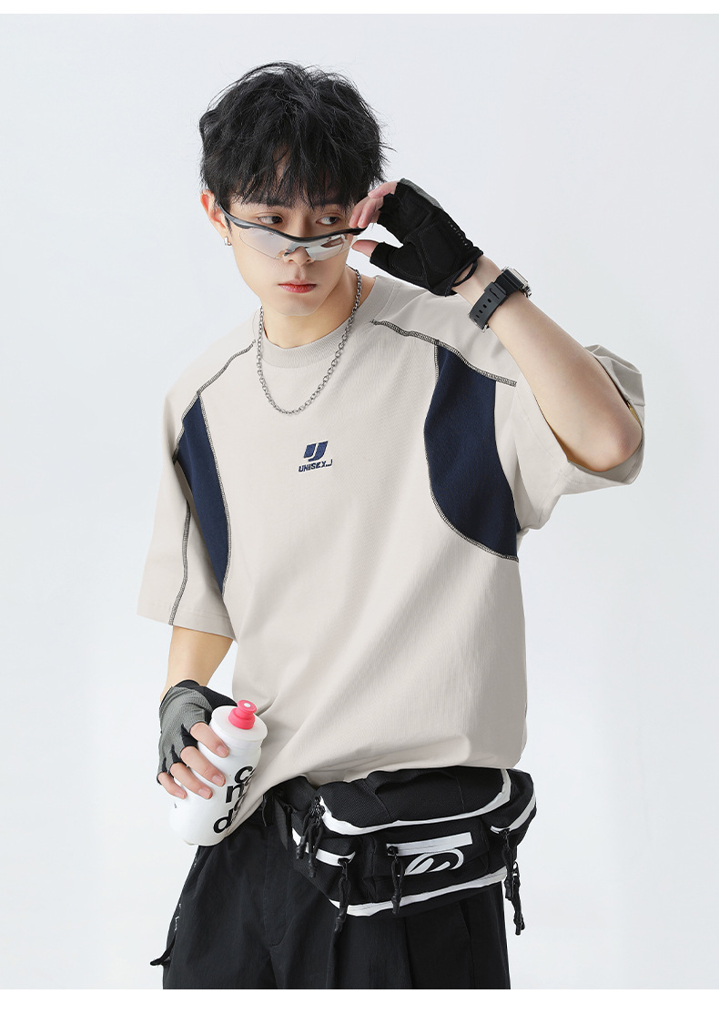 Retro embroidered pure cotton short-sleeved T-shirt for men, a new summer style with contrasting colors and bright thread patchwork design, an American trendy brand T-shirt pic 15