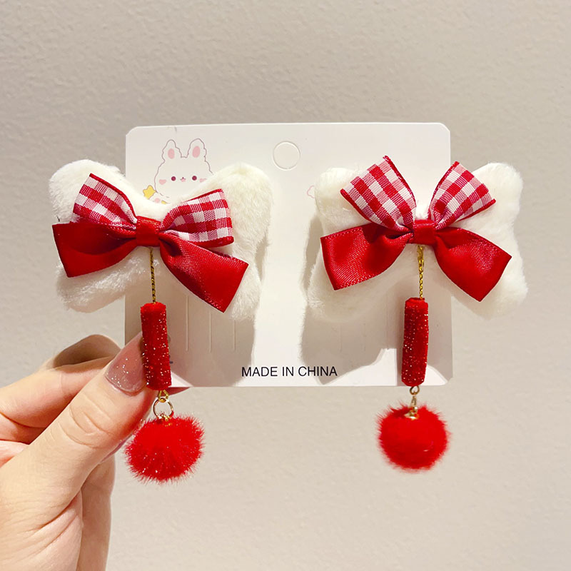 儿童红色貂绒发夹喜庆新年古风发饰女童宝宝春节汉服发卡少女头饰详情56