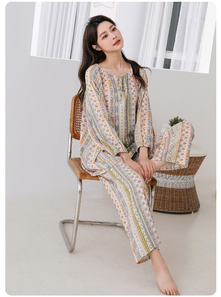 40支棉绸睡衣女士宽松国风灯笼袖高级感人棉长袖长裤家居服套装详情12