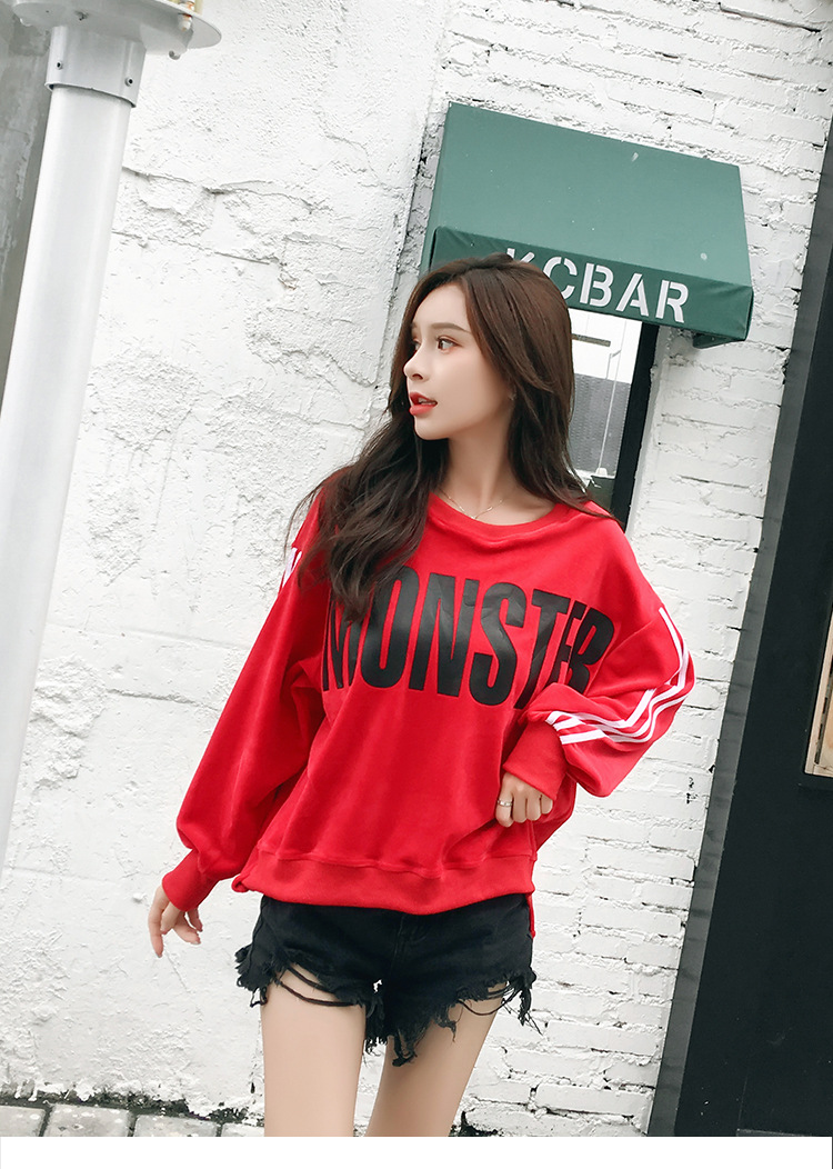 Velvet loose Korean-style hoodie for women, long-sleeved, lettered, laid-back style bf Harajuku jacket top pic 30