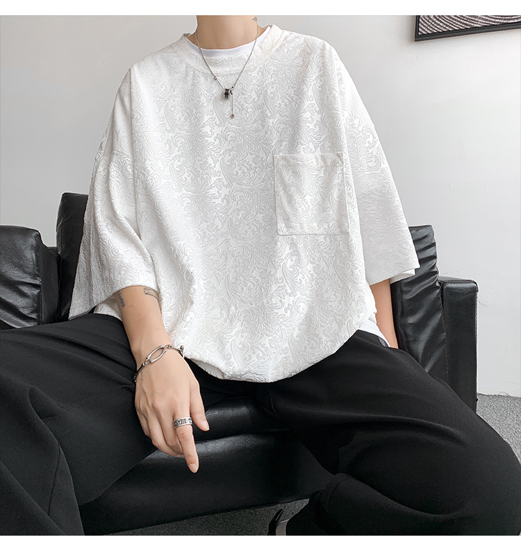 高弹提花宽松街潮ins情侣中性风短袖T恤男大码男士百搭半袖薄款详情5