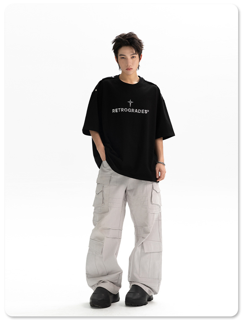 Shoulder four-button design T-shirt for men, loose American streetwear brand, metallic texture printed high street short-sleeved T-shirt, summer q pic 13