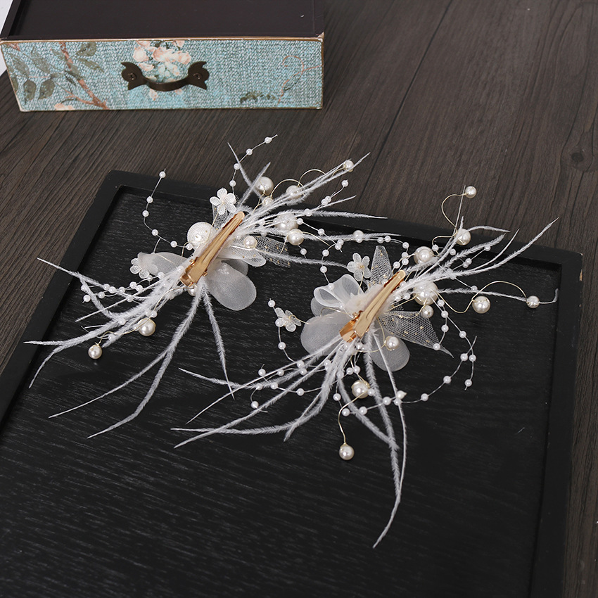 New hair clip headwear, feather super fairy pair clip, handcrafted high-gloss pearl hair accessory, European and American fashion trend hair accessory pic 10