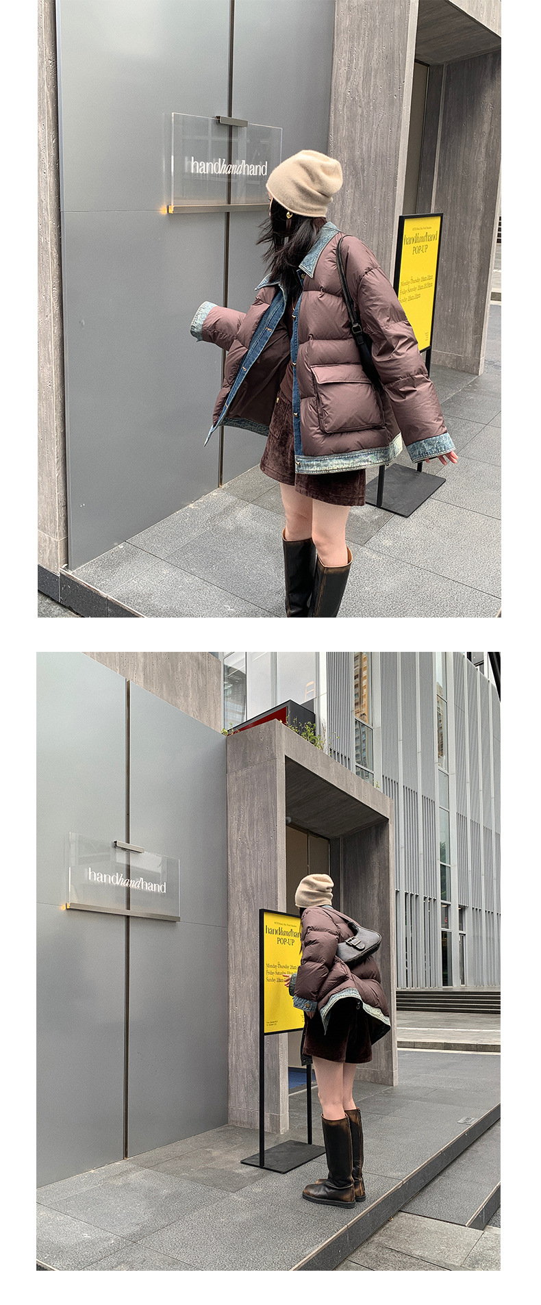 Qumeng DT CLASSIC Retro patchwork fake two-piece denim down jacket for women, 90 white duck down winter coat for women pic 48