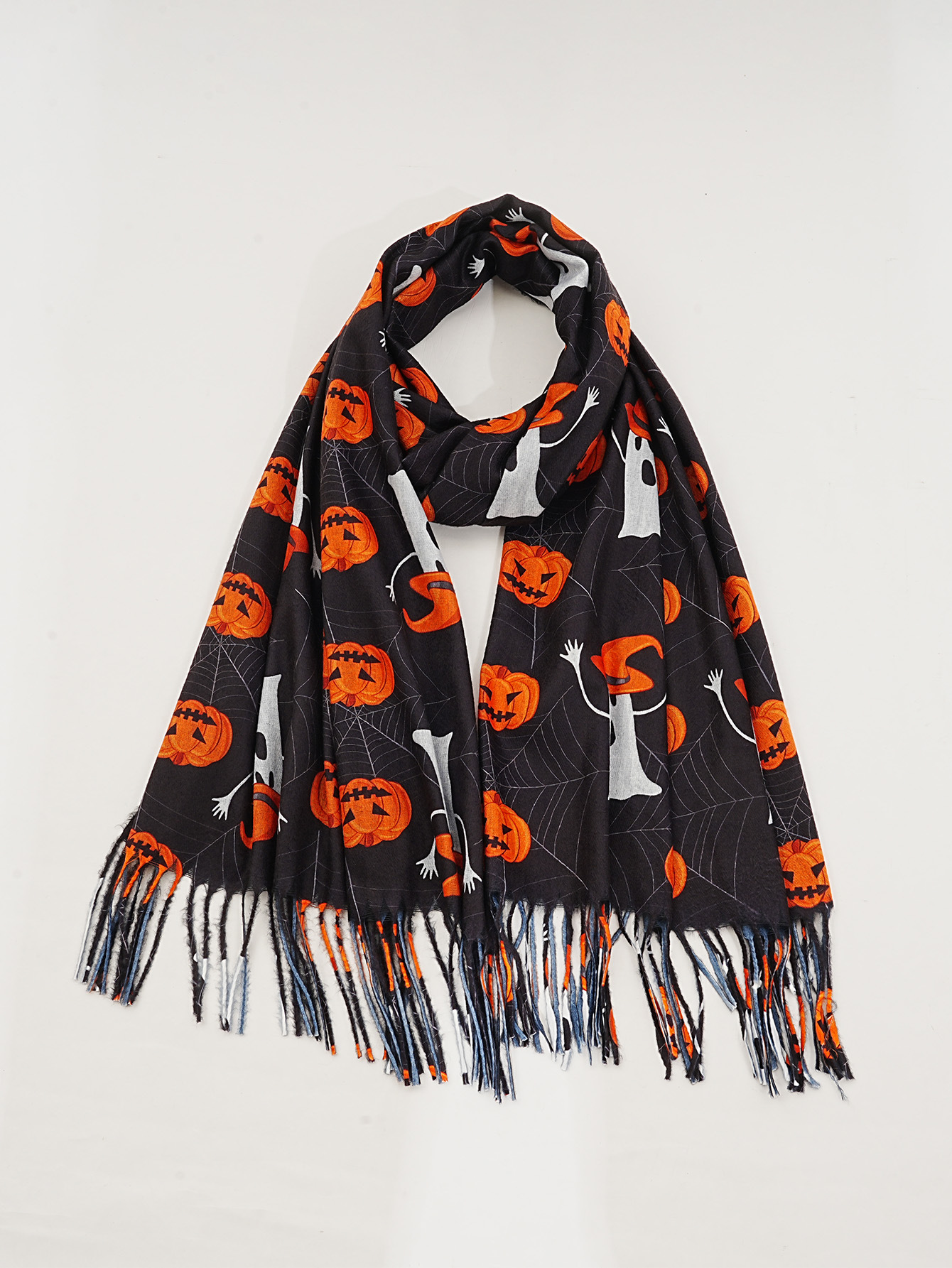 New faux cashmere black Halloween ghost pumpkin digital print scarf Magic Awakening Wizard hat set pic 3