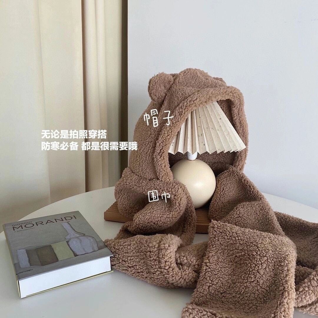 秋冬款小熊帽子围巾一体手套三合一毛绒双层加厚多功能护耳保暖帽详情8