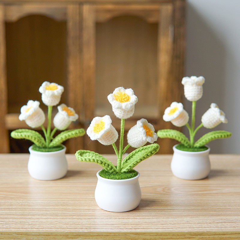 Finished hand-woven lily of the ear potted home decoration, knitted artificial flower yarn, crocheted sunflower bouquet gift pic 7