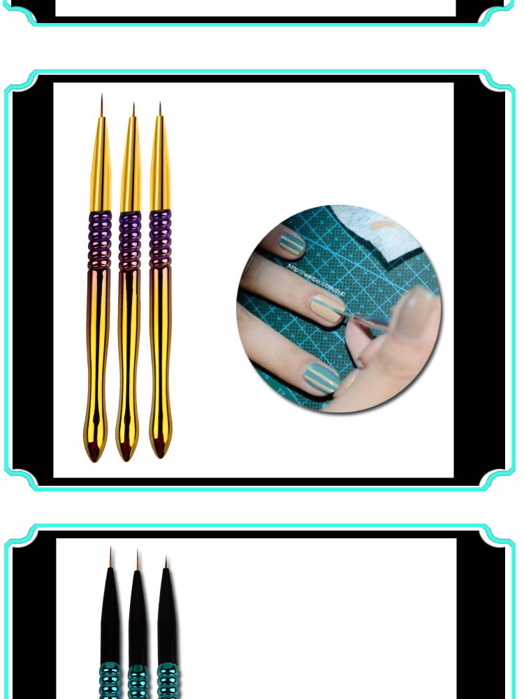 shanilak nail art brush set of 3 pieces, outlining pen, electroplated gradient rod and carved nail art brush pic 7