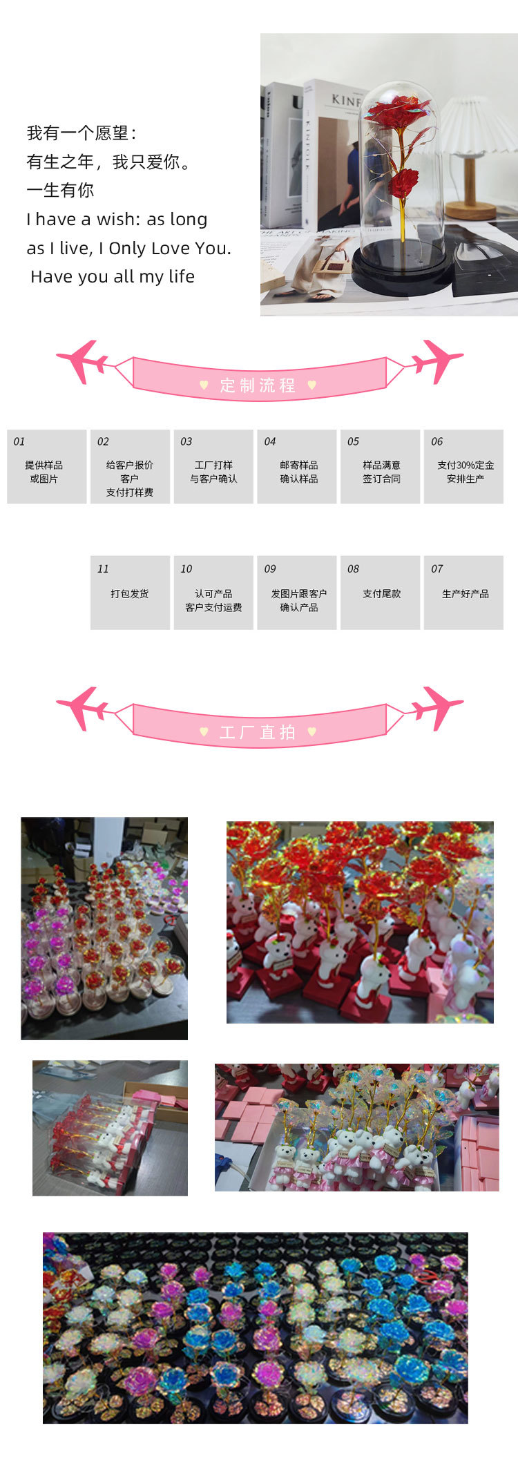 工厂直销跨境爆款七彩永生金箔玫瑰花玻璃罩小夜灯创意礼品详情3