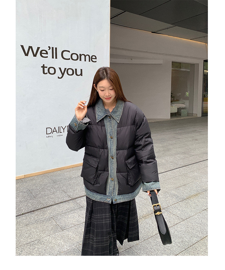 Qumeng DT CLASSIC Retro patchwork fake two-piece denim down jacket for women, 90 white duck down winter coat for women pic 42