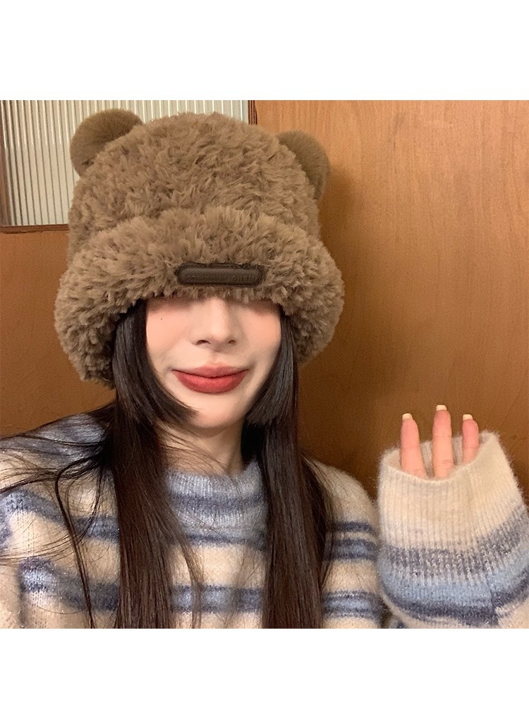 韩系可爱小熊毛绒针织帽子女秋冬季加厚保暖包头帽仿皮草套头盆帽详情8