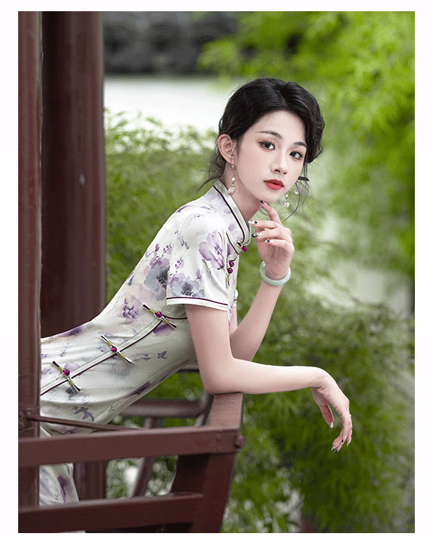 国潮2025新款民国风复古素雅国朝风气质优雅短袖改良年轻款提花旗袍详情11
