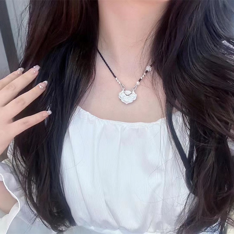 足银999锦鲤锁银莲花国风平安锁编织纯银项链双鱼如意长命锁锁骨详情22