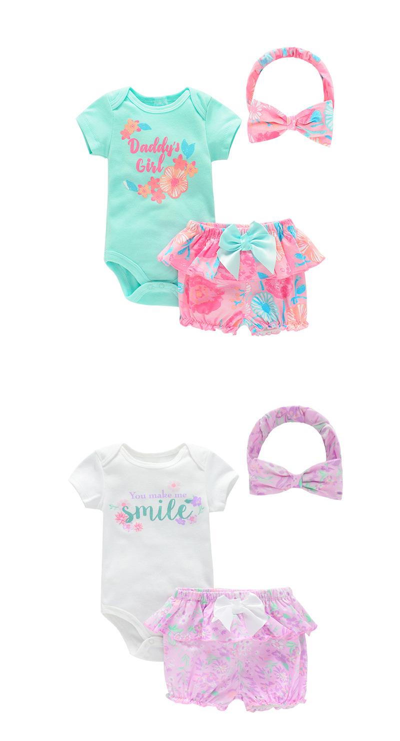 新款Payifang婴儿连体衣 女宝宝短袖三角哈+裙边短裤+头套详情4