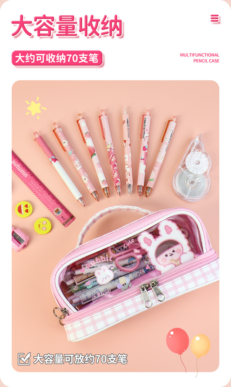 Multi-functional double-window transparent stationery bag, large capacity cute hand-held waterproof grid pen case for Japanese and Korean Instagram girls pic 6