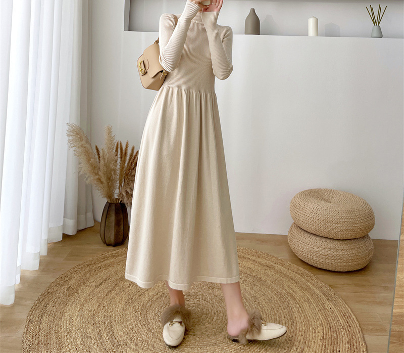 Semi-high neck mid-length elegant woolen dress, new autumn/Winter 2024 Korean-style long-sleeved base knitted dress for women pic 37