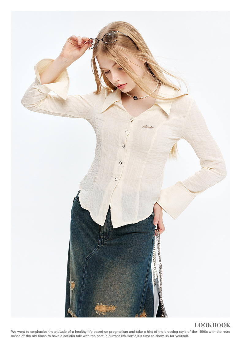 Nariele 洋气薄款开衫V领春秋短款衬衫女御姐风修身长袖韩系上衣详情17