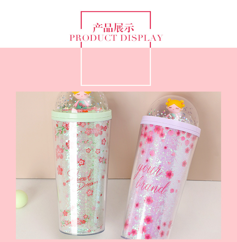 Portable water cup, internet-famous sequined double-layer summer drinking plastic ice cup, cute girl, cartoon cute double-layer for going out pic 8